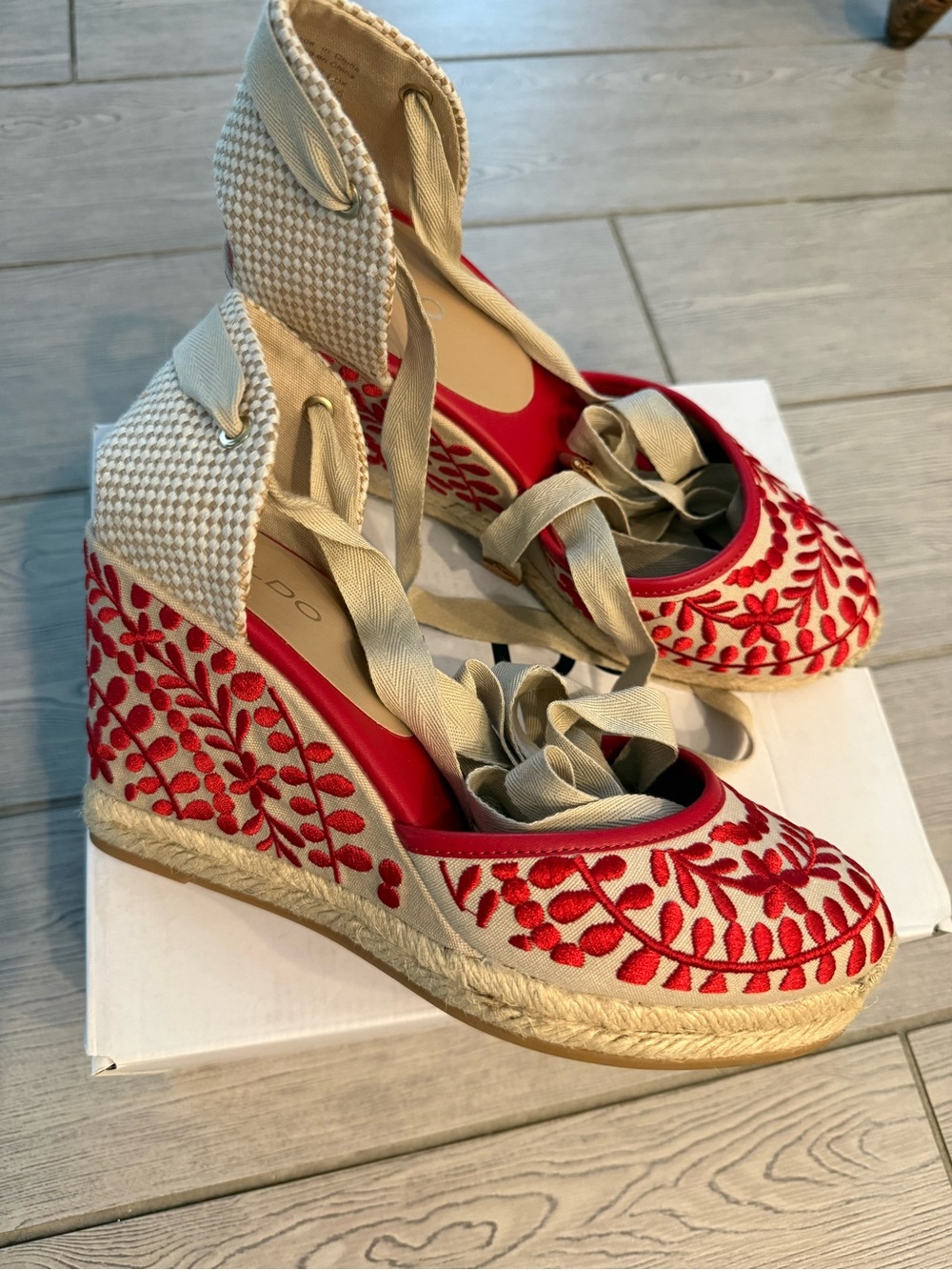 Aldo Red Embroidered Espadrille Wedge Tie-Up Heels